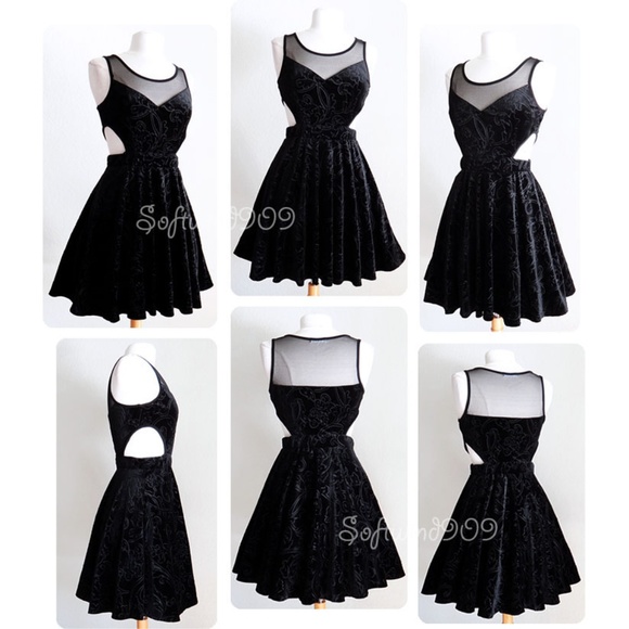 Black Velvet Mesh Inset Cutout Skater Party Dress - Picture 7 of 8
